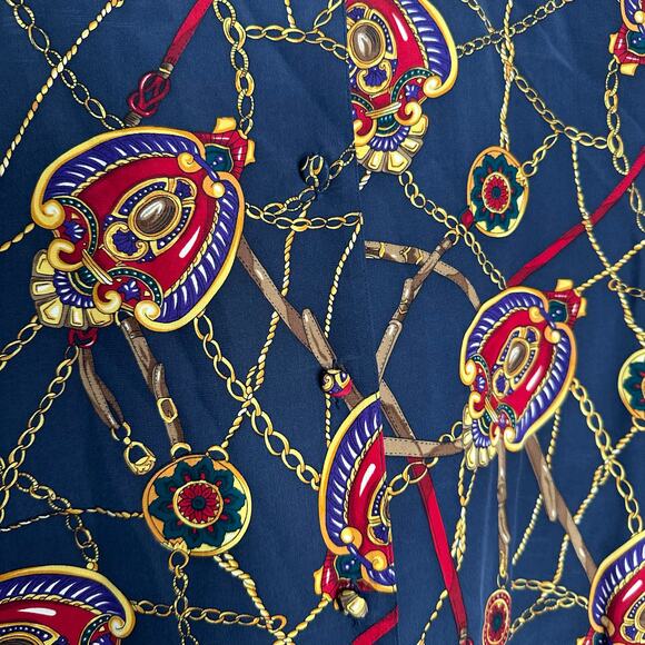 Talbot's Women's Vintage Abstract Print Navy Silk Button Front Blouse Size 4 - Picture 2 of 6